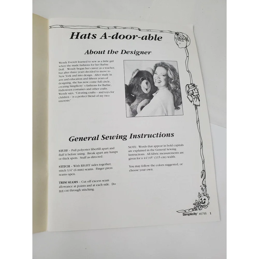 Simplicity 3795 Hats A-Door-Able Sewing Pattern Holiday Door Decor Vintage 1990s